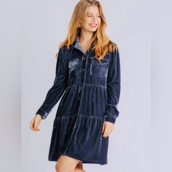 Umgee Crushed Velvet Button Down Boutique Tiered Dress Steel Blue Size LARGE - Picture 2 of 10